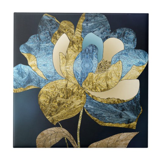 Blue and Gold Abstract Flower with Textured Petals タイル (正面)