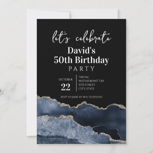 Blue and Gold Agate 50th Birthday Party 招待状 (正面)
