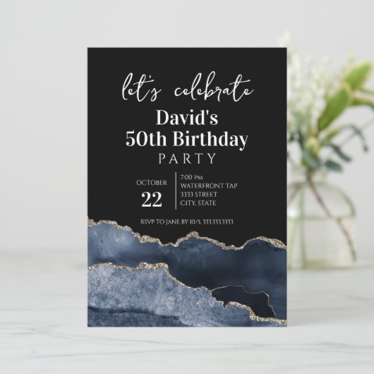 Blue and Gold Agate 50th Birthday Party 招待状 (スタンド正面)