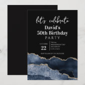 Blue and Gold Agate 50th Birthday Party 招待状 (正面/裏面)