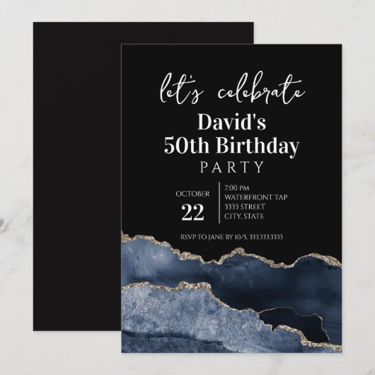 Blue and Gold Agate 50th Birthday Party 招待状 (正面/裏面)