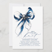 Blue and Gold Bow Elegant Whimsical Bridal Shower 招待状 (正面)