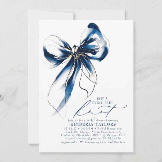 Blue and Gold Bow Elegant Whimsical Bridal Shower 招待状 (正面)