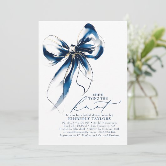 Blue and Gold Bow Elegant Whimsical Bridal Shower 招待状 (スタンド正面)