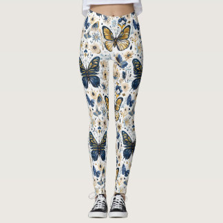 Blue and Gold Butterfly Floral Women’s Leggings レギンス