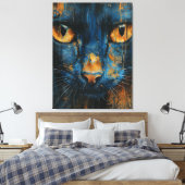 Blue and Gold Cat Modern Abstract Feline Portrait キャンバスプリント (インサイチュ (寝室))