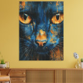 Blue and Gold Cat Modern Abstract Feline Portrait キャンバスプリント (インサイチュ (リビング))