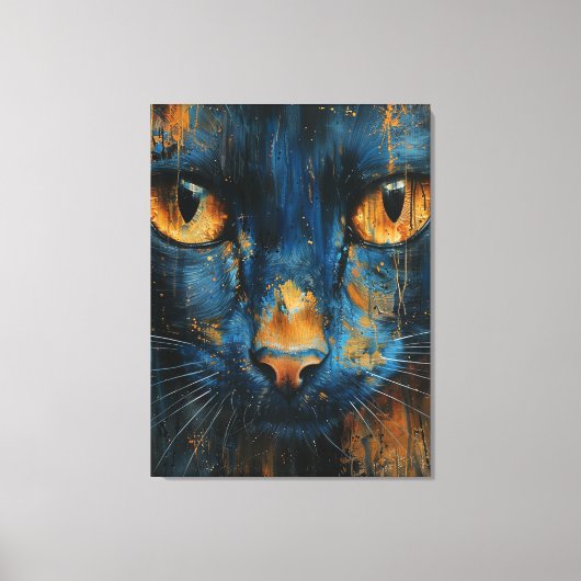 Blue and Gold Cat Modern Abstract Feline Portrait キャンバスプリント (正面)