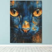 Blue and Gold Cat Modern Abstract Feline Portrait キャンバスプリント (インサイチュ (ウッドフロア))