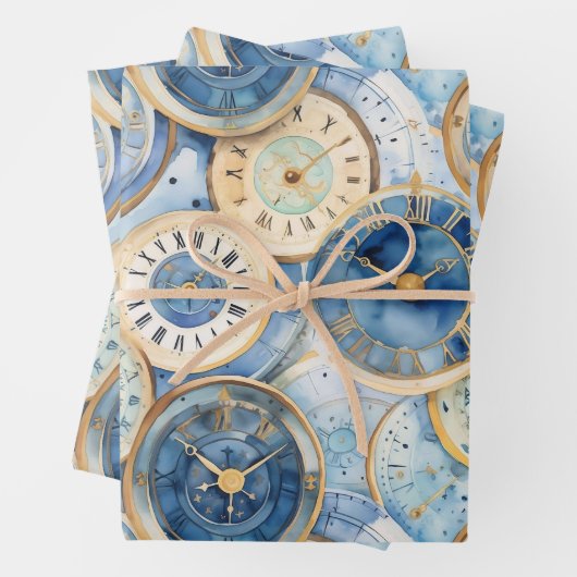 Blue and Gold Clock Pattern ラッピングペーパーシート (インサイチュ)