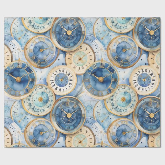 Blue and Gold Clock Pattern ラッピングペーパー (フラット)