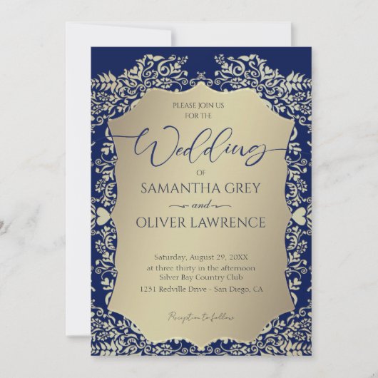 Blue and Gold Damask Wedding Invitation 招待状 (正面)