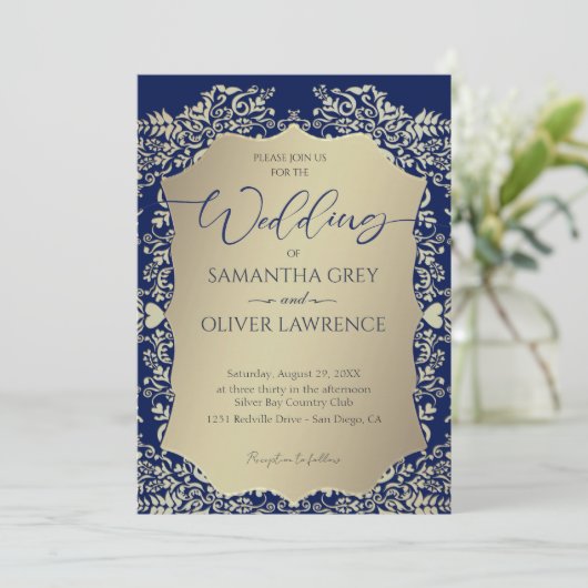 Blue and Gold Damask Wedding Invitation 招待状 (スタンド正面)