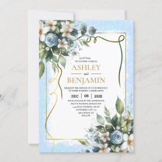  Blue and Gold Elegant Floral Rustic Watercolor 招待状