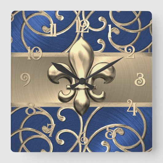 Blue and Gold Filigree Swirls Fleur de Lis スクエア壁時計 (正面)