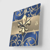 Blue and Gold Filigree Swirls Fleur de Lis スクエア壁時計 (傾斜)