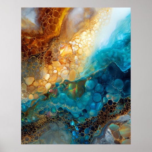 Blue and Gold Fluid Art Abstract ポスター (正面)
