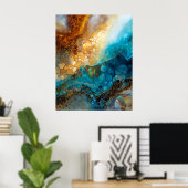 Blue and Gold Fluid Art Abstract ポスター (ホームオフィス)