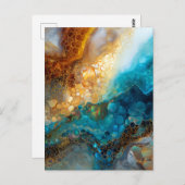 Blue and Gold Fluid Art Abstract ポストカード (正面/裏面)