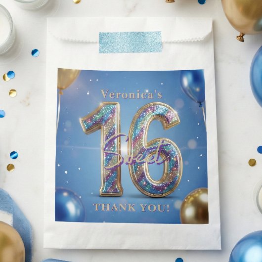 Blue and Gold Glitter Balloons Sweet 16 Thank You フェイバーバッグ