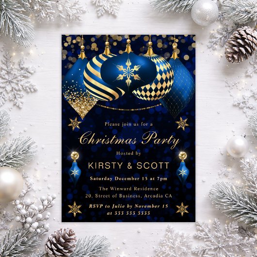 Blue and Gold Glitter Baubles Christmas Party 招待状