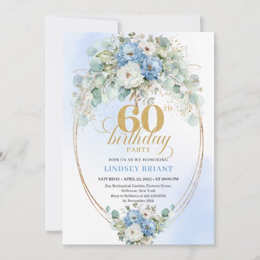Blue and Gold Greenery 60th Birthday Invitation 招待状 (正面)