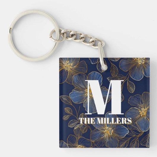 Blue and Gold Luxury Floral Wedding Invitation  キーホルダー (正面)