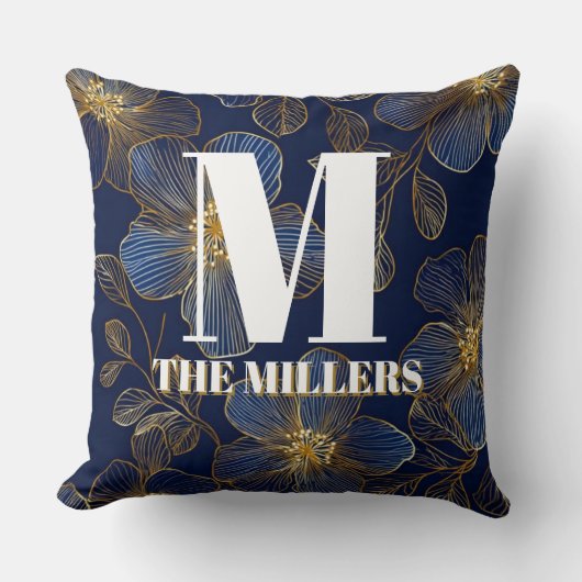 Blue and Gold Luxury Floral Wedding Invitation クッション (正面)