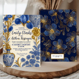 Blue and Gold Luxury Floral Wedding Invitation  招待状