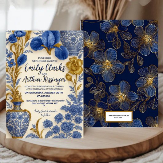 Blue and Gold Luxury Floral Wedding Invitation 招待状