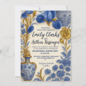 Blue and Gold Luxury Floral Wedding Invitation 招待状 (正面)
