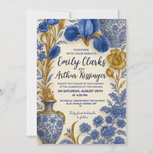 Blue and Gold Luxury Floral Wedding Invitation  招待状 (正面)