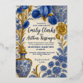Blue and Gold Luxury Floral Wedding Invitation 箔招待状 (正面)