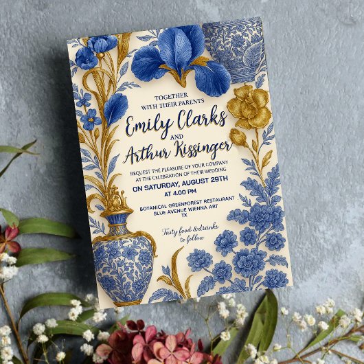 Blue and Gold Luxury Floral Wedding Invitation 箔招待状