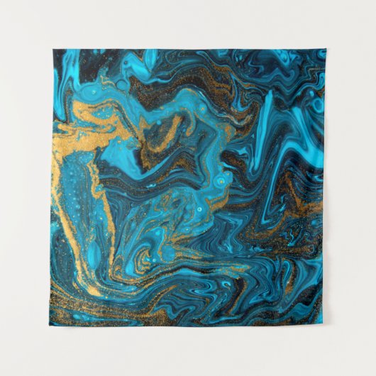 Blue and gold marbling pattern. Golden marble liqu タペストリー (正面)