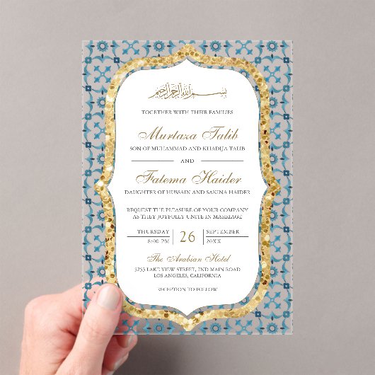 Blue and Gold Moroccan Tile Islamic Wedding アクリル招待状 (インサイチュ (ポータブル))