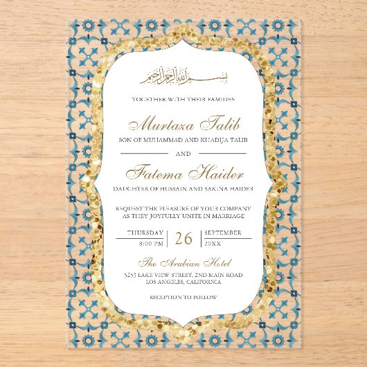 Blue and Gold Moroccan Tile Islamic Wedding アクリル招待状 (正面)