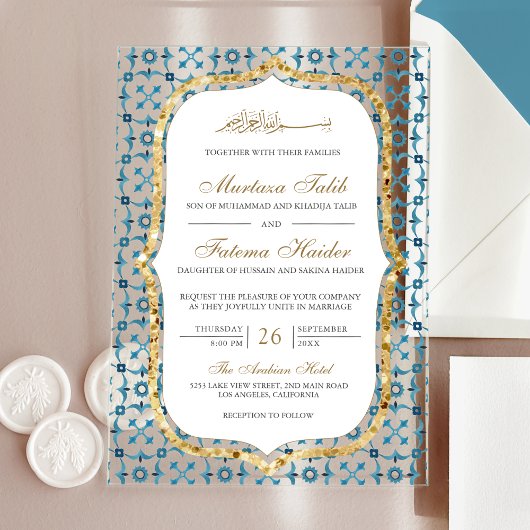 Blue and Gold Moroccan Tile Islamic Wedding アクリル招待状