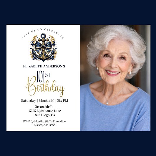 Blue and Gold Nautical Anchor 101st Birthday Photo 招待状