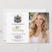 Blue and Gold Nautical Anchor 30th Birthday Photo 招待状 (正面)