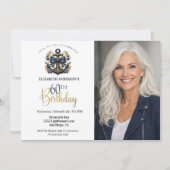 Blue and Gold Nautical Anchor 60th Birthday Photo 招待状 (正面)