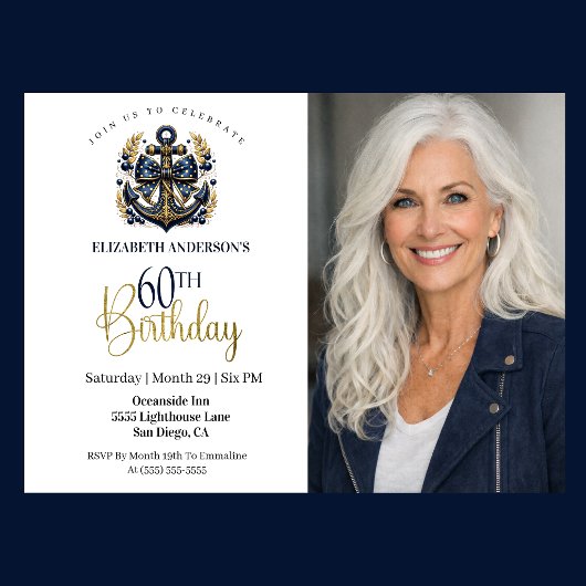 Blue and Gold Nautical Anchor 60th Birthday Photo 招待状
