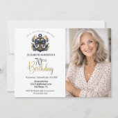 Blue and Gold Nautical Anchor 70th Birthday Photo 招待状 (正面)