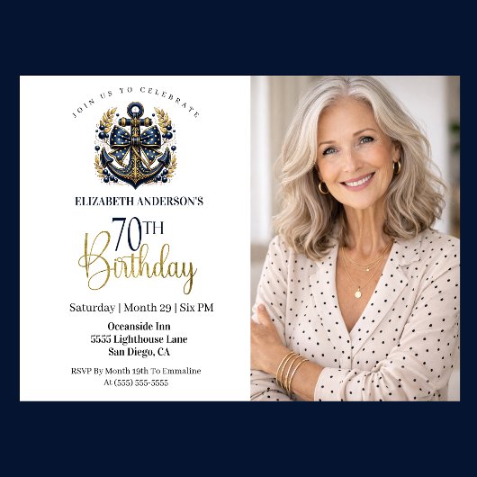 Blue and Gold Nautical Anchor 70th Birthday Photo 招待状