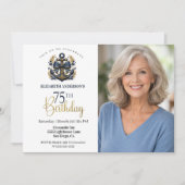 Blue and Gold Nautical Anchor 75th Birthday Photo 招待状 (正面)