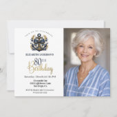 Blue and Gold Nautical Anchor 80th Birthday Photo 招待状 (正面)