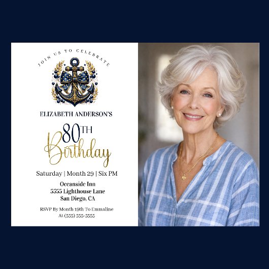 Blue and Gold Nautical Anchor 80th Birthday Photo 招待状