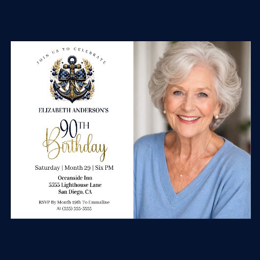 Blue and Gold Nautical Anchor 90th Birthday Photo 招待状