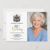 Blue and Gold Nautical Anchor 90th Birthday Photo 招待状 (正面)