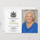 Blue and Gold Nautical Anchor 99th Birthday Photo 招待状 (正面)